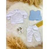 Conjunto Social Bebê Camisa Colete e Gravata Azul C/ Calça Branca - Branco e Azul