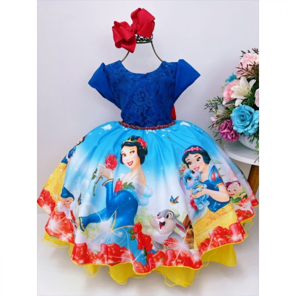 Vestido Infantil Branca de Neve Azul C/ Renda Pérolas Strass - Azul