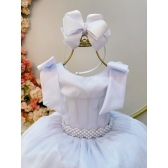 Vestido Infantil Branco C/ Pérolas e Saia Tule Glitter - Branco