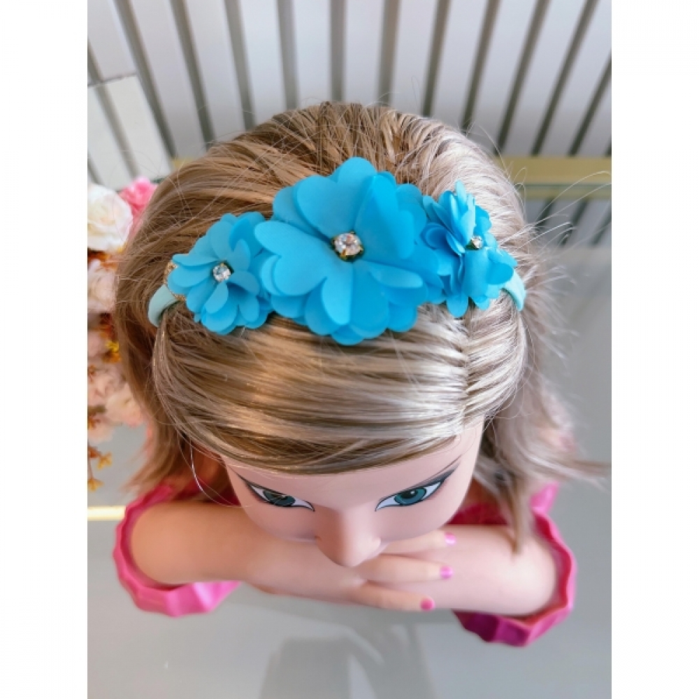 Faixinha de Cabelo Bebê C/ Laço Strass Florzinha Várias Cores - Azul