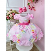 Vestido Infantil Rosa Jardim das Flores Com Pérolas Festas
