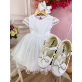 Vestido Infantil Branco C/ Aplique Flores Borboletas e Renda