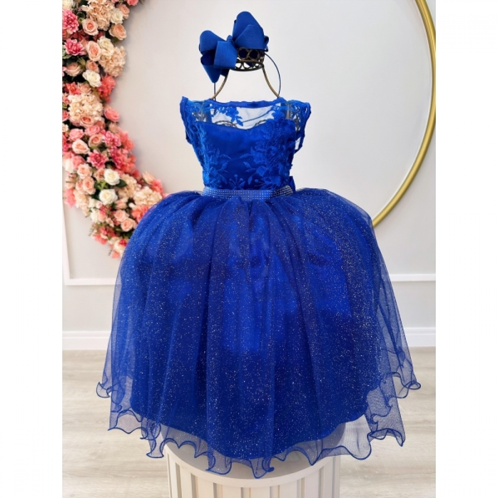 Vestido Infantil Azul Royal Renda Realeza Tule C/ Glitter