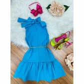 Vestido Infantil Crepinho Azul Cinto de Cordão Festa