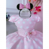 Vestido Infantil Rosa C/ Bolinhas Minnie C/ Aplique de Laço