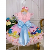 Vestido Infantil Rosa Galinha Pintadinha Luxo Cinto Pérolas