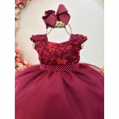 Vestido Infantil Marsala Saia Com Tule e Busto Bordado