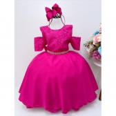 Vestido Infantil Pink C/ Renda Cinto de Strass Princesas