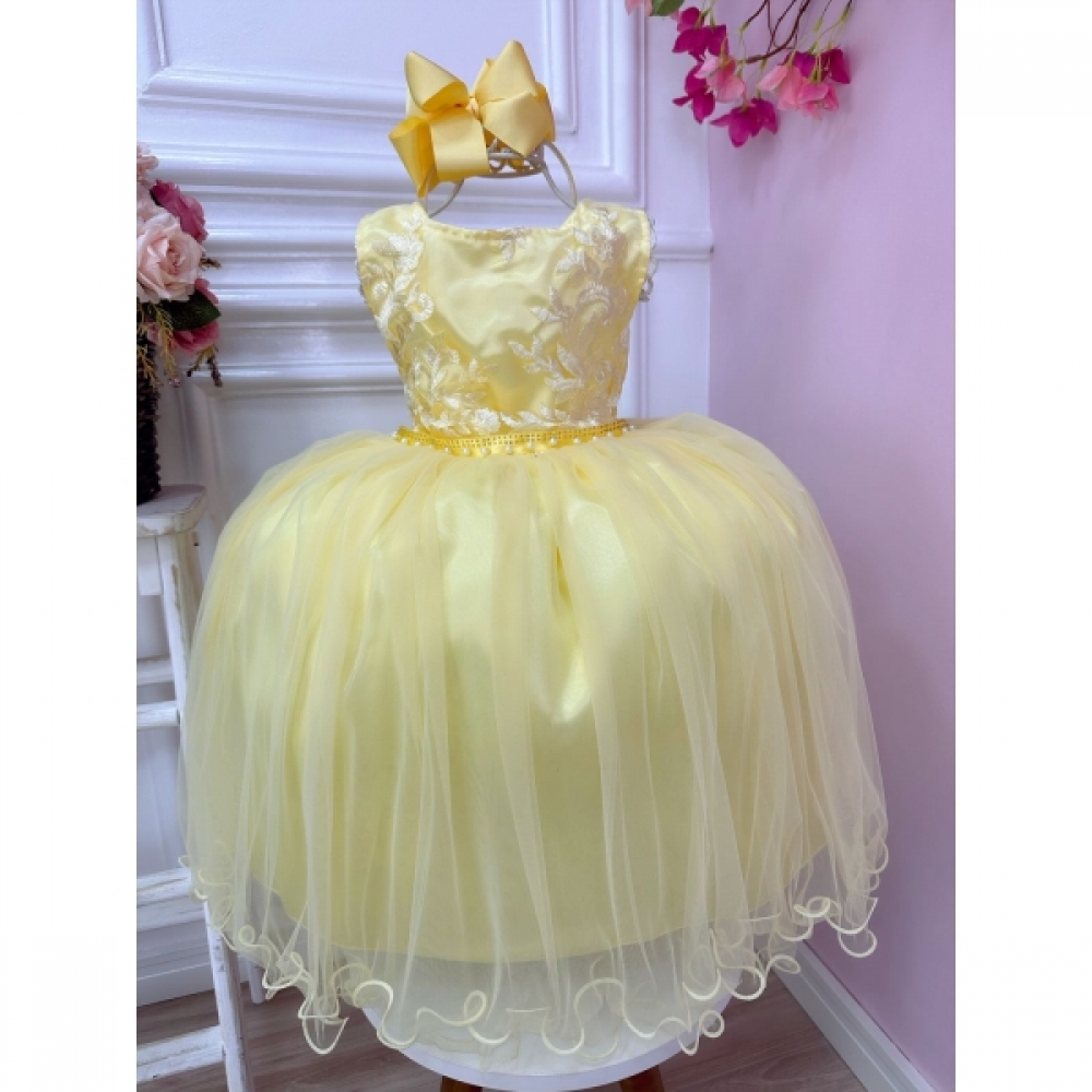Vestido Infantil Amarelo Damas de Honra Renda Pérola Strass