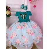 Vestido Infantil Verde Peito Nervura Saia Florida Pérolas