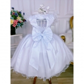Vestido Infantil Branco C/ Renda e Broche de Flor e Pérola