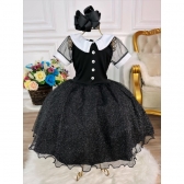 Vestido Infantil Preto Gola Branca C/ Glitter Princesas