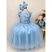 Vestido Infantil Azul Damas de Honra Cinto Strass e Pérola
