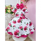 Vestido Infantil Branco C/ Broche e Florido de Rosas Damas