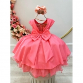 Vestido Infantil Goiaba C/ Busto Nervura e Pérolas Festas - Goiaba