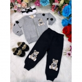 Conjunto Infantil Moletom Flanelado Cinza e Preto C/ Zíper Ursinho