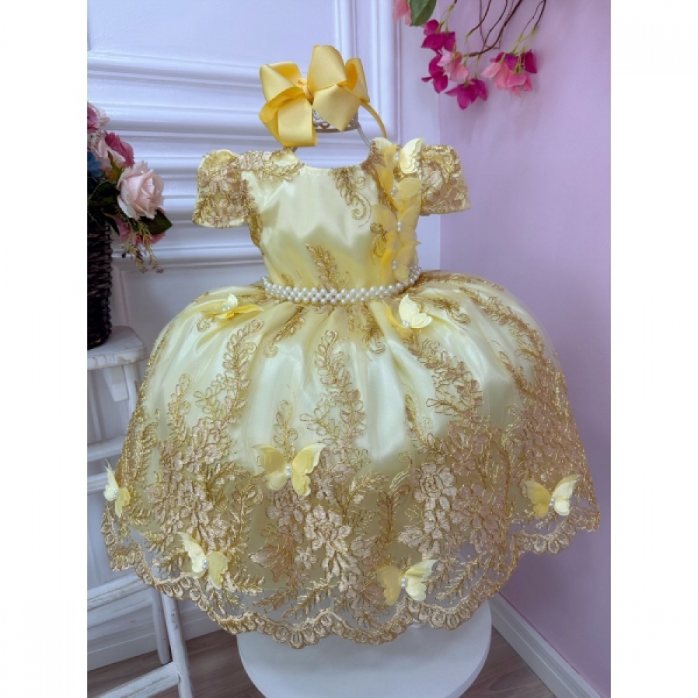 Vestido Infantil Amarelo Renda Realeza e Aplique Borboletas