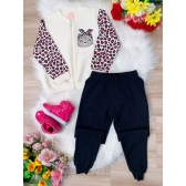 Conjunto de Moletom Blusa Marfim C/ Zíper e Calça Preto