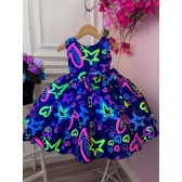 Vestido Infantil Barbie Azul Marinho Neon C/ Broche de Laço