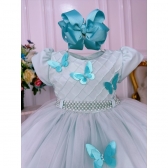 Vestido Infantil Verde Claro Peito Nervura Aplique Borboleta