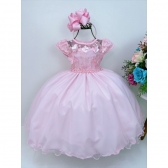 Vestido Infantil Rosa C/ Renda e Apliques Cinto Pérolas