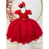 Vestido Infantil Vermelho C/ Renda e Cinto de Pérolas Damas - Vermelho