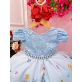 Vestido Infantil Princesa Cinderela Azul C/ Renda e Pérolas