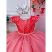 Vestido Infantil Goiaba Florido de Renda e Cinto de Pérolas - Goiaba