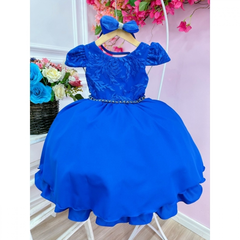 Vestido Infantil Azul Royal C/ Tiara Renda Cinto de Pérolas - Azul Royal