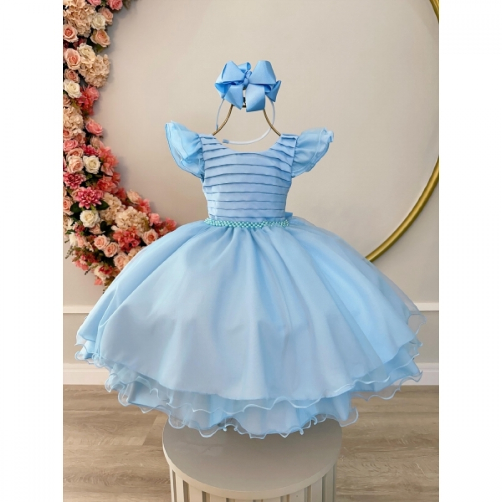 Vestido Infantil Azul Bebê Busto Plissado C/ Pérolas Festas