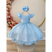 Vestido Infantil Azul Bebê Busto Plissado C/ Pérolas Festas