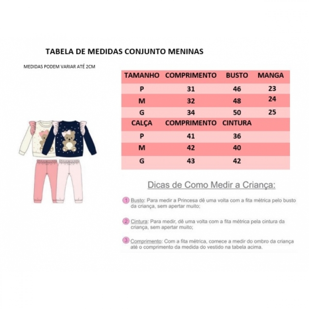 Conjunto Infantil Moletom Flanelado Azul Marinho e Rosa Ursinho