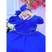 Vestido Infantil Azul Royal Renda C/ Cinto Pérolas e Tiara - Azul Royal
