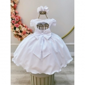 Vestido Infantil Branco C/ Busto Tule e Aplique de Flores - Branco