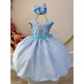 Vestido Infantil Azul Bebê C/ Renda Luxo e Cinto de Pérolas