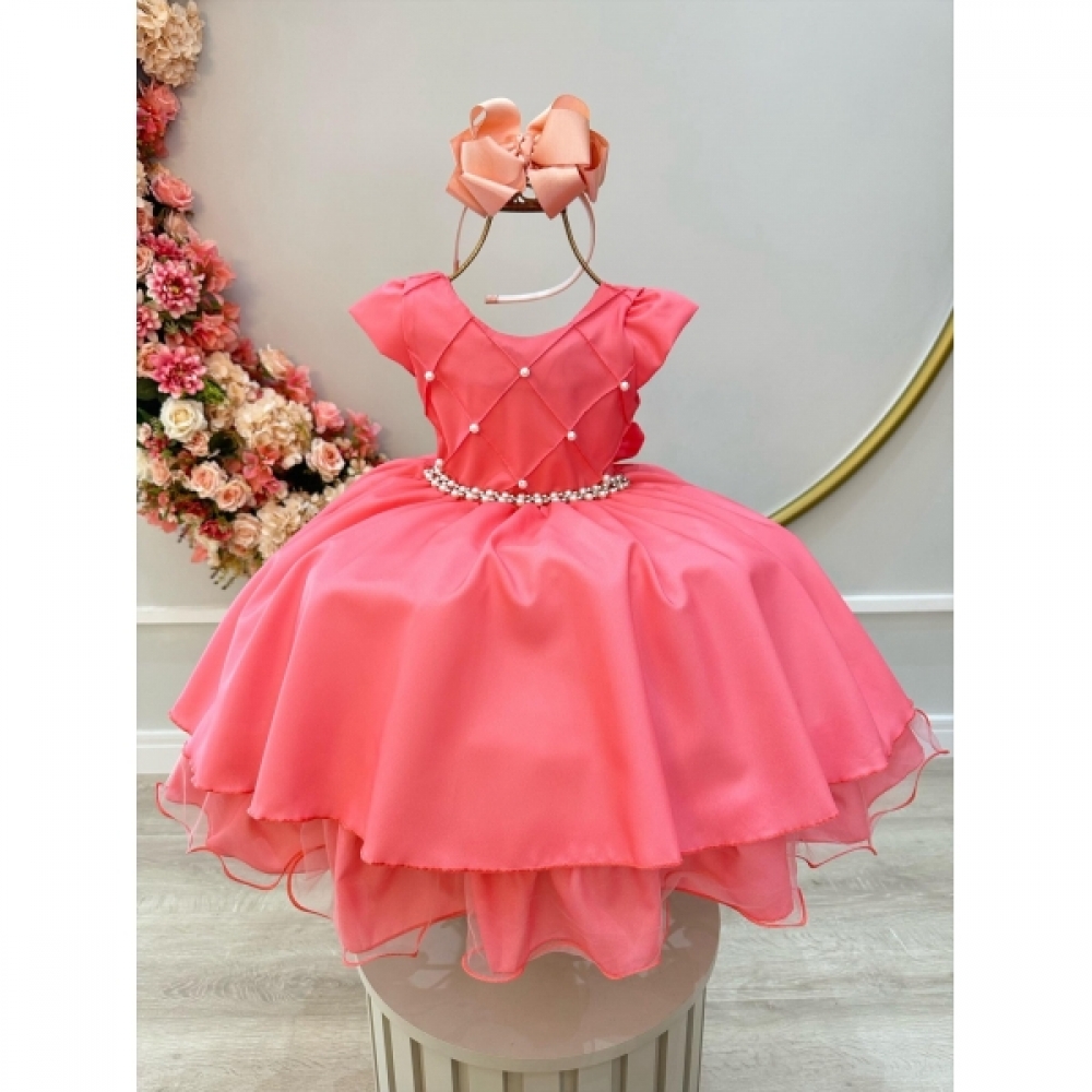 Vestido Infantil Goiaba C/ Busto Nervura e Pérolas Festas - Goiaba