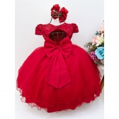 Vestido Infantil Vermelho Renda Aplique Flores e Borboletas