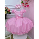 Vestido Infantil Rosa Com Aplique de Borboletas C/ Glitter