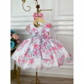 Vestido Infantil Branco Florido de Rosas C/ Cinto de Pérolas
