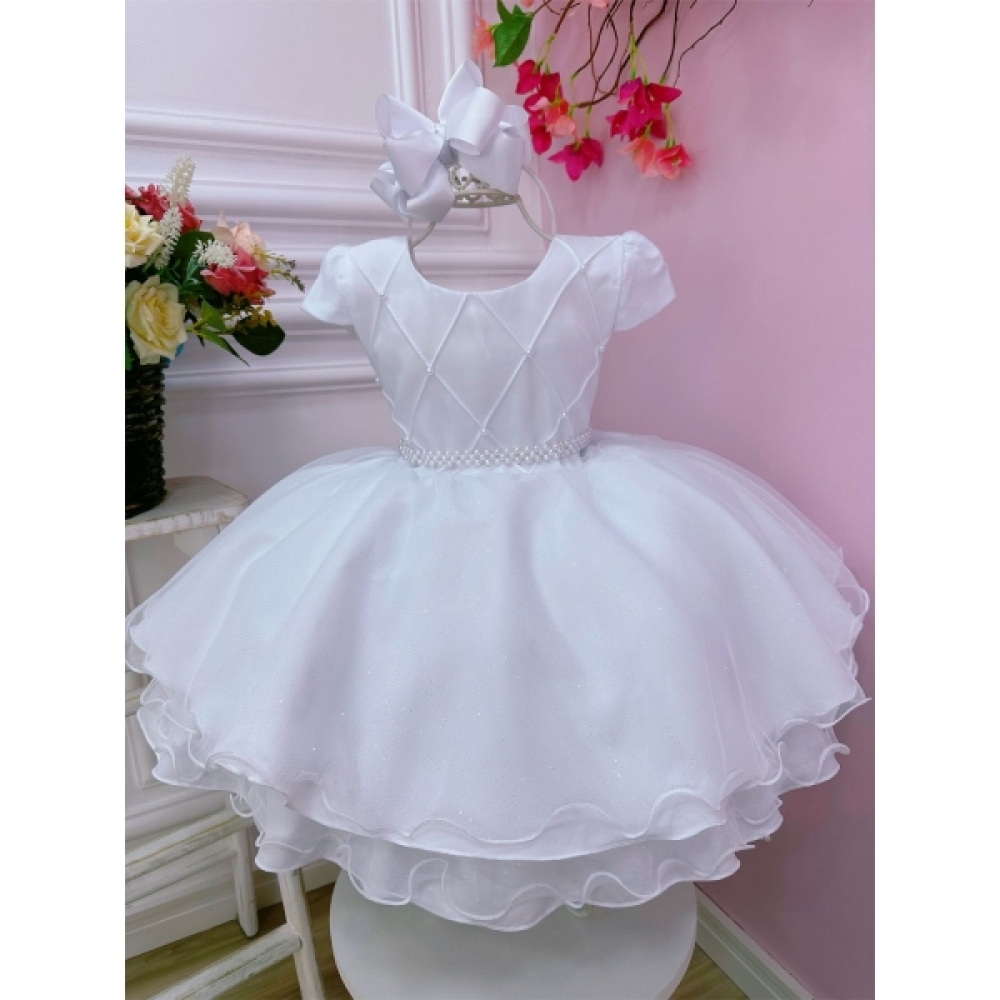 Vestido Infantil Branco C/ Busto Nervura Cinto Pérolas Festa
