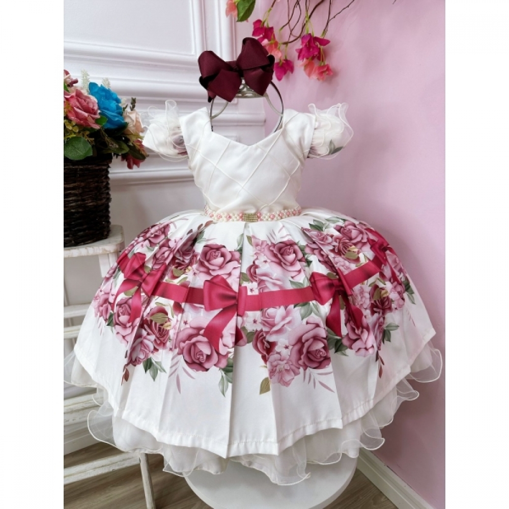 Vestido Infantil Marfim Florido Busto Nervura Cinto Pérolas