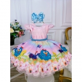Vestido Infantil Rosa Galinha Pintadinha Luxo Cinto Pérolas