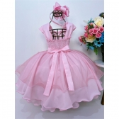 Vestido Infantil Rosa Aplique Flores e Borboletas C/ Pérolas