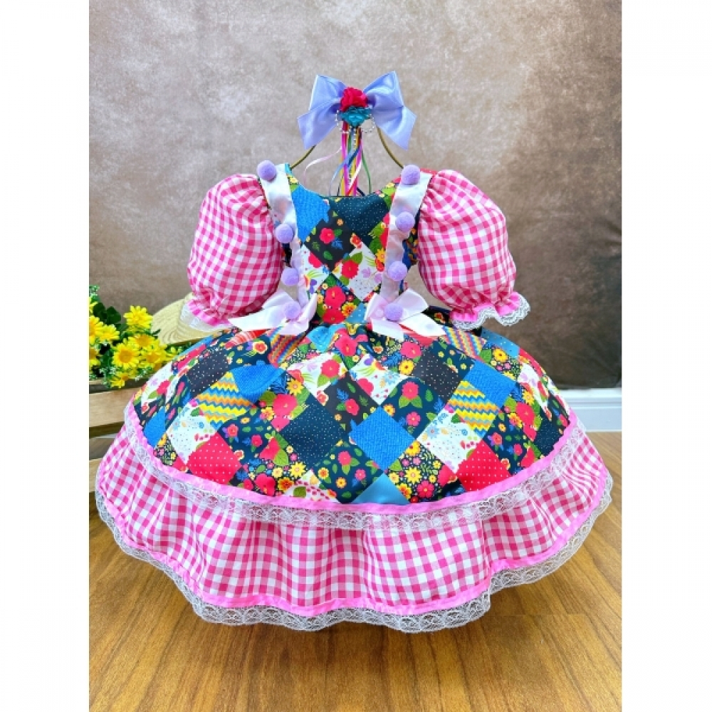 Fantasia Infantil Junino Arraiá Xadrez Rosa Estampado