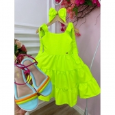 Vestido infantil Verde Lima Neon Strass no Busto e Laço Damas