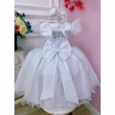Vestido Infantil Branco Com Glitter e Broche de Flor Luxo