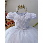 Vestido Infantil Branco C/ Renda e Cinto de Pérolas Luxo