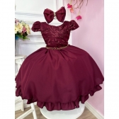 Vestido Infantil Marsala Renda Com Cinto de Pérolas e Laço - marsala