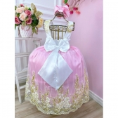 Vestido Infantil Branco Com Rosa e Renda Realeza Damas