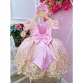Vestido Infantil Rosa C/ Renda Realeza e Cinto de Pérolas